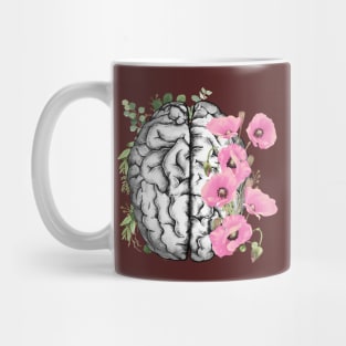 Brain with Pink poppy, psychology, mental health, front brain, watercolor Mug